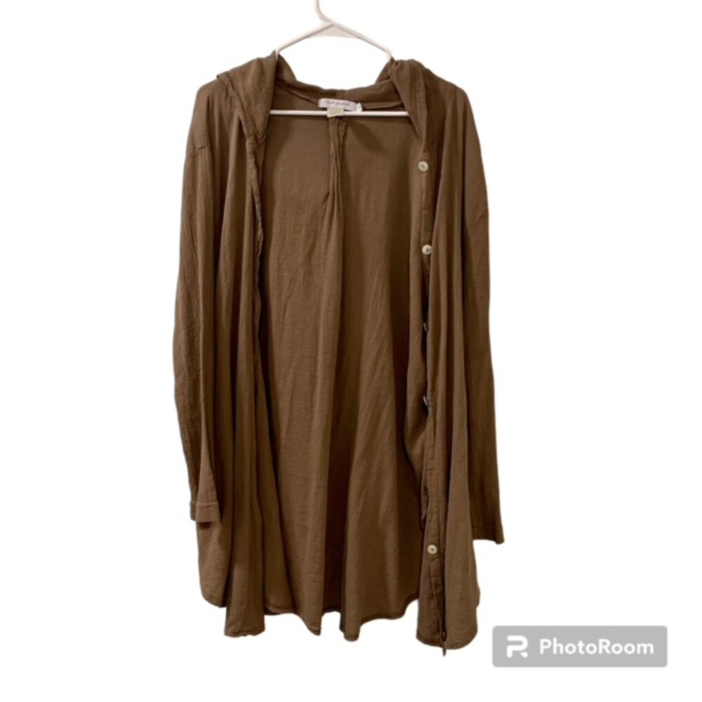 Fresh Produce Womens XL Brown Textured Cotton Hooded Long Cardigan Made USA